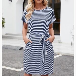 Navy Belted Striped Dress